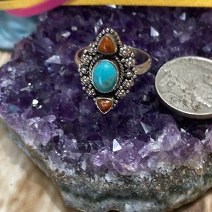 Kingman Blue Mohave Turquoise and coral ring